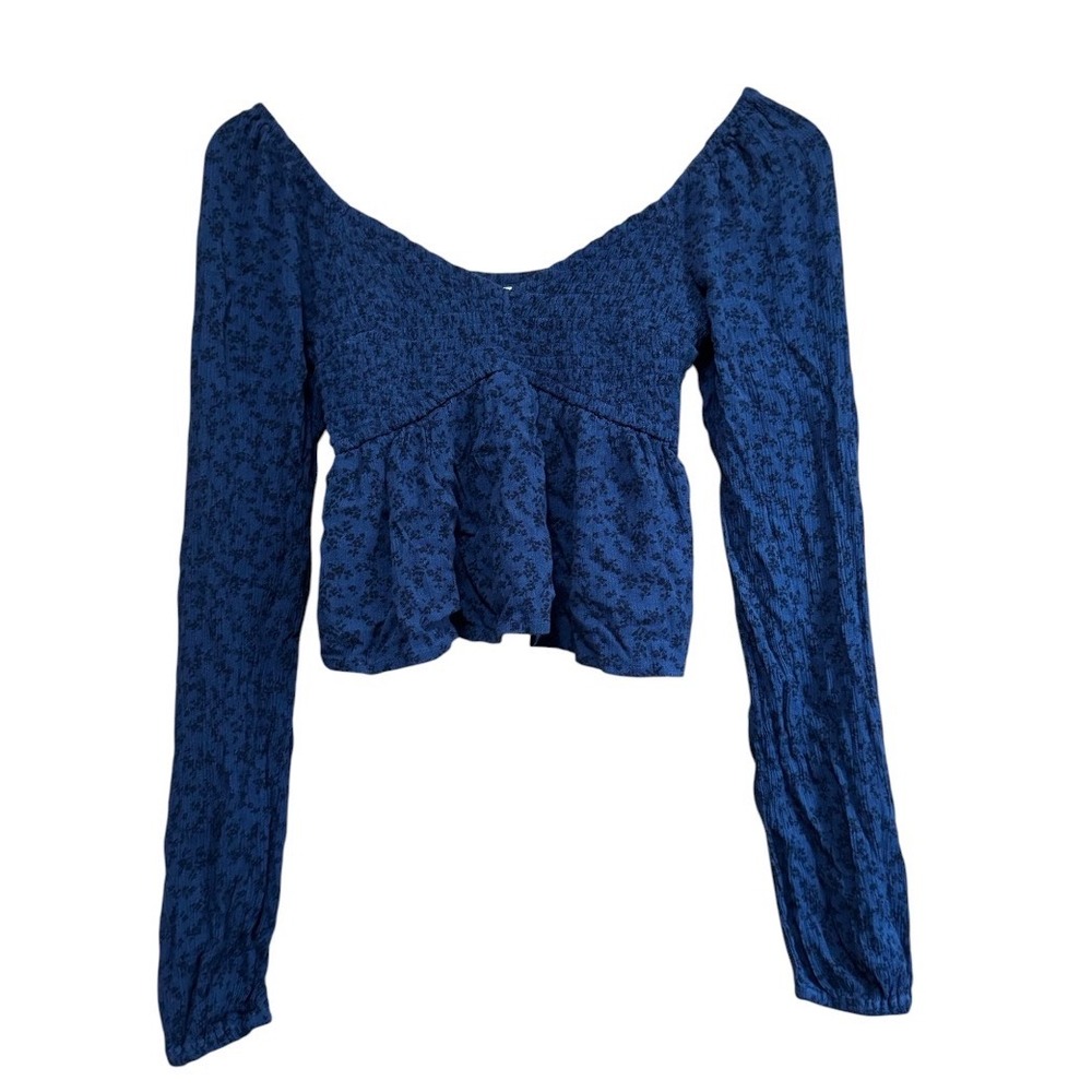 Hollister Floral Smocked Peplum Top Womens‎ XS Blue Excellent Long Sleeve Crop
